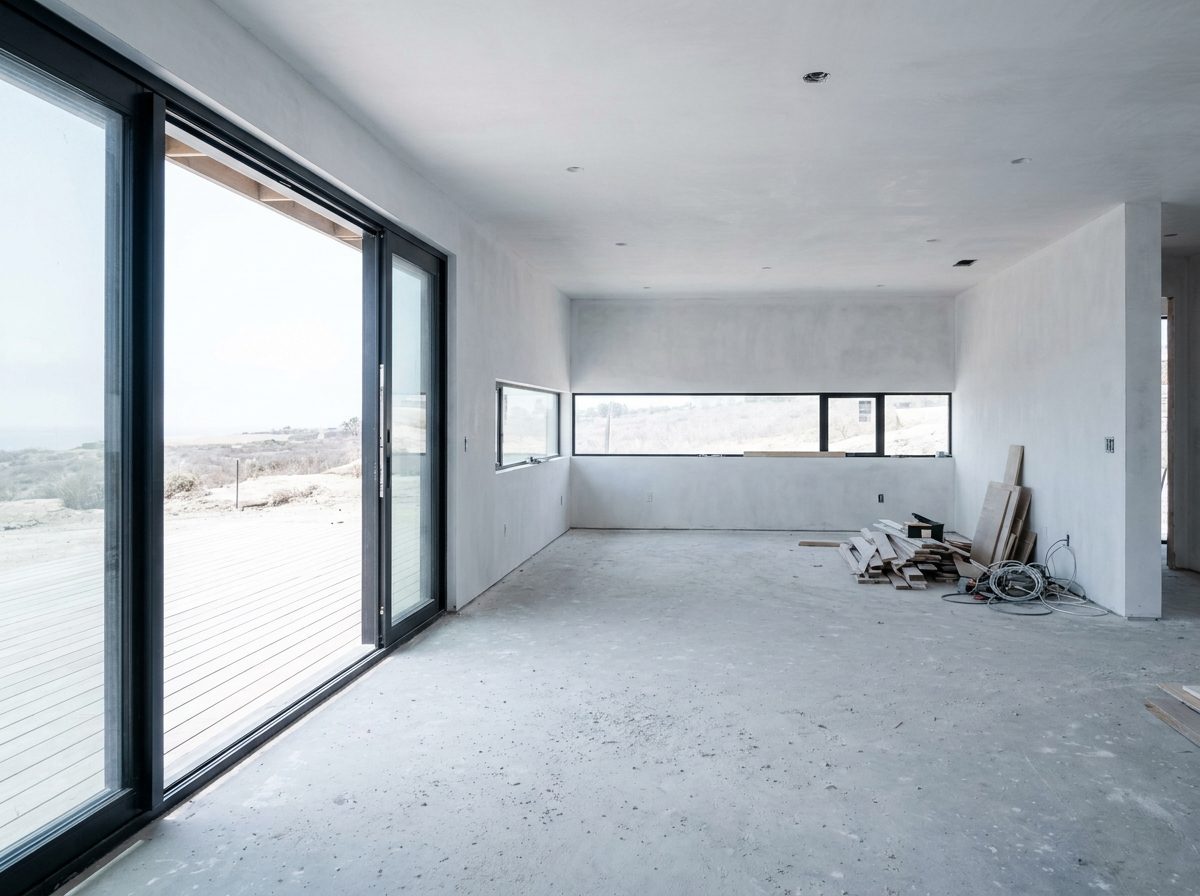 Bright coastal Southern California home interior under renovation with a wide sliding glass door and concrete floor