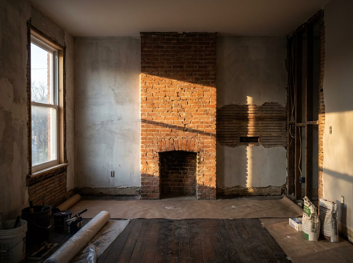 Interior of a historic red brick Midwestern rowhouse under renovation, with exposed brick and tall double-hung windows