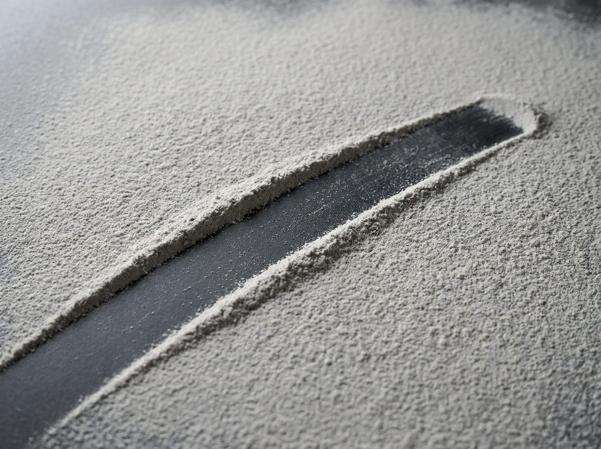 Macro view of fine grey gypsum dust settled on a dark matte surface with one clean swept streak through it