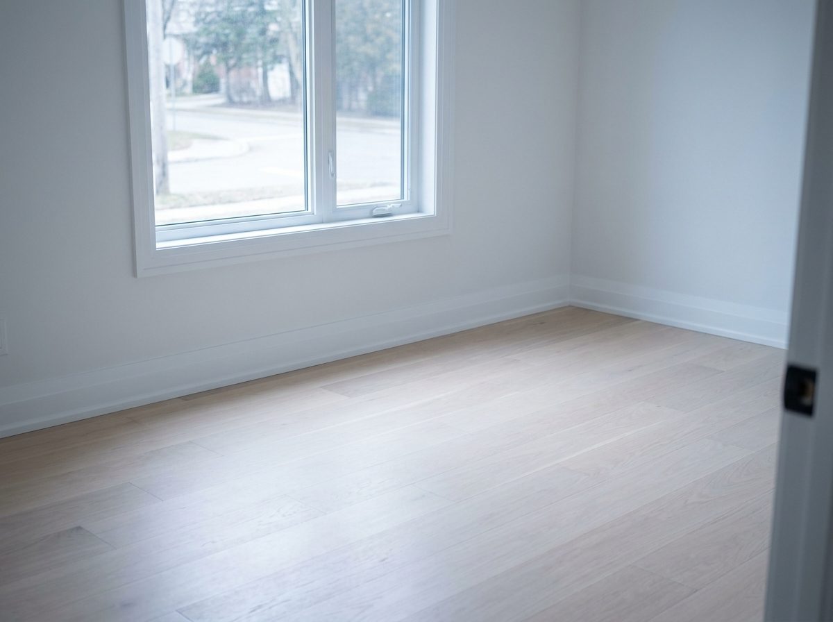Empty finished room with clean oak floorboards, white walls and a spotless window