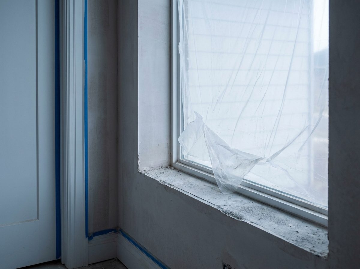 New build interior with protective film still on the window glass and blue tape on the door casing