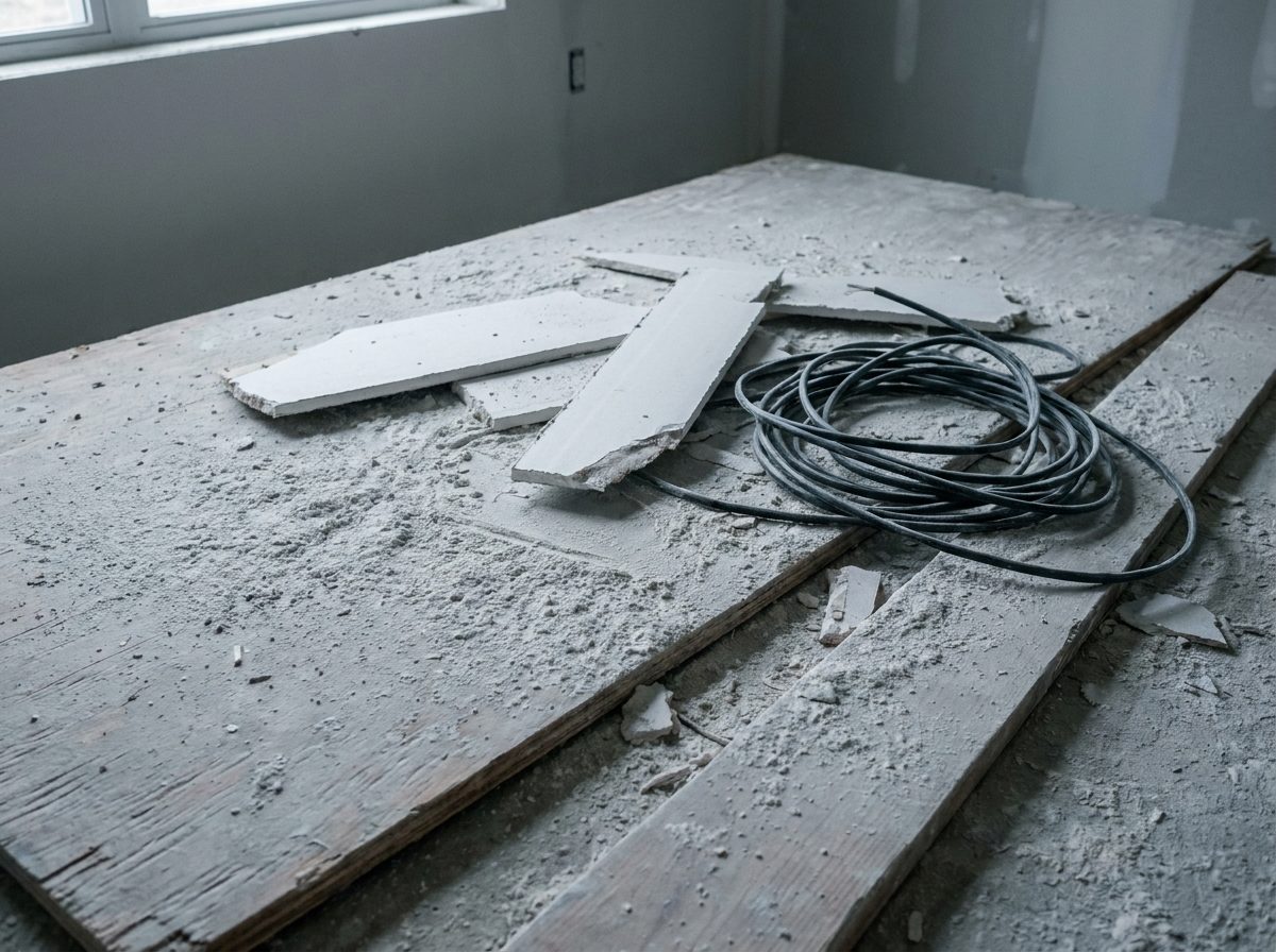 Bare plywood subfloor coated in grey drywall sanding dust with gypsum board offcuts