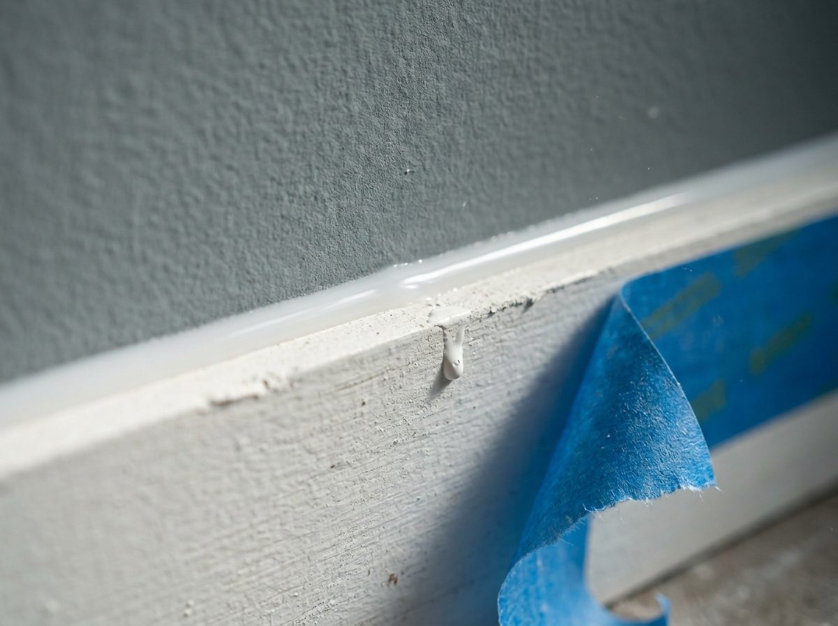 Close detail of white trim meeting a wall, with a fresh caulk bead and a curl of painter's tape